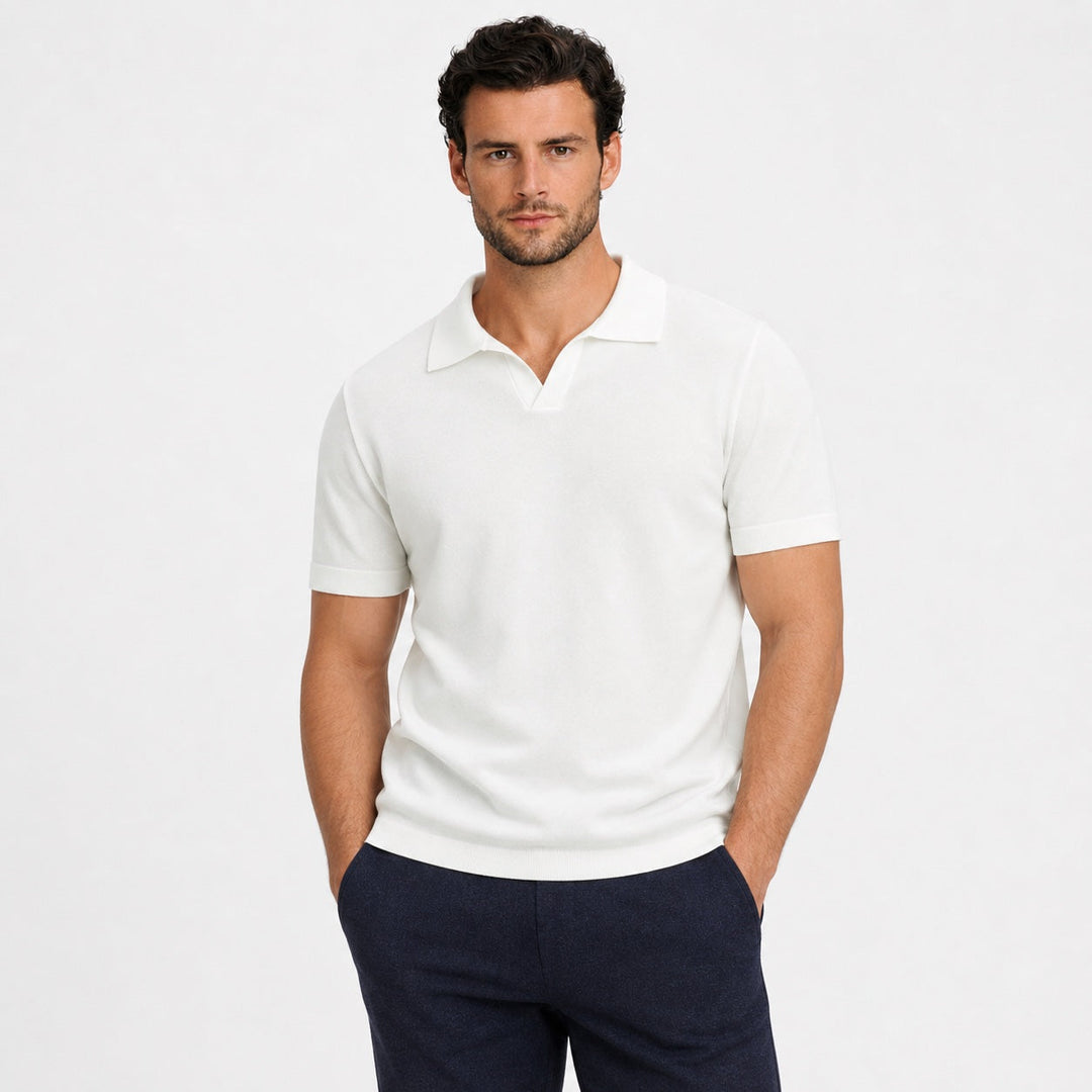 Men's stylish open collar polo shirt; short sleeve, regular fit for smart casual wear.