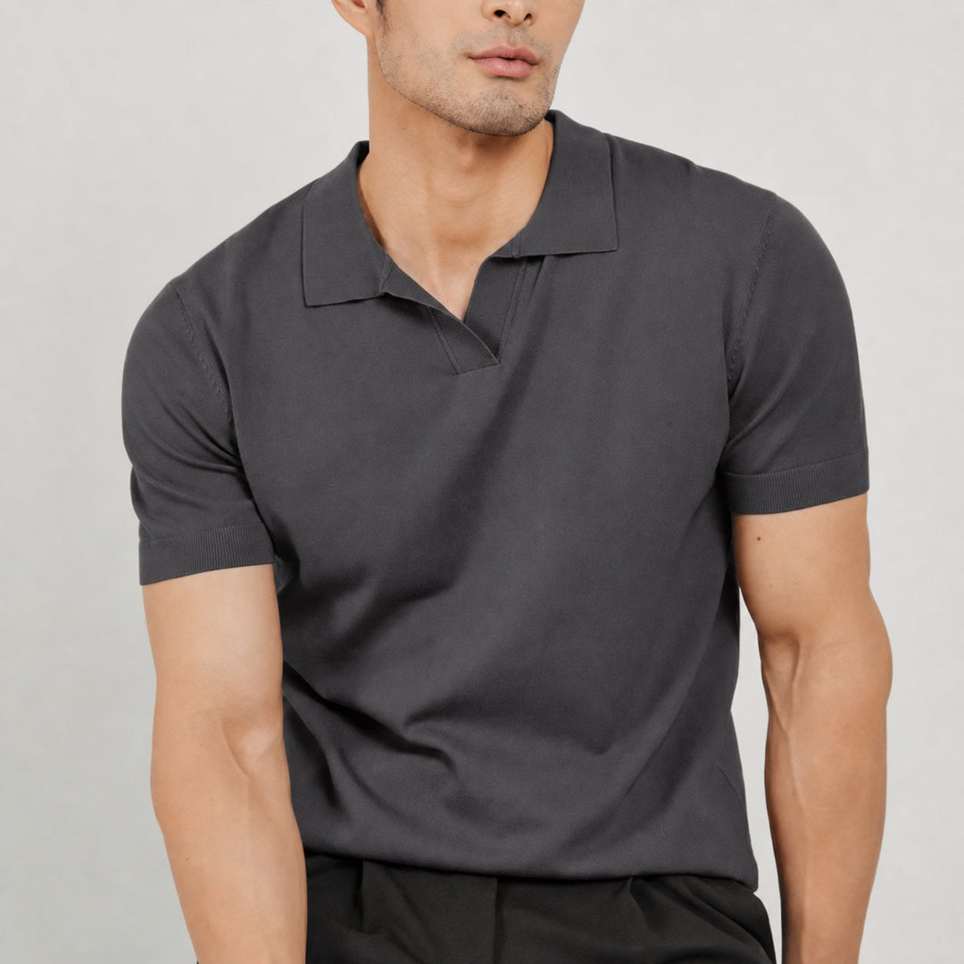 Stylish men's open collar polo top; short sleeve, smart casual, and highly versatile.