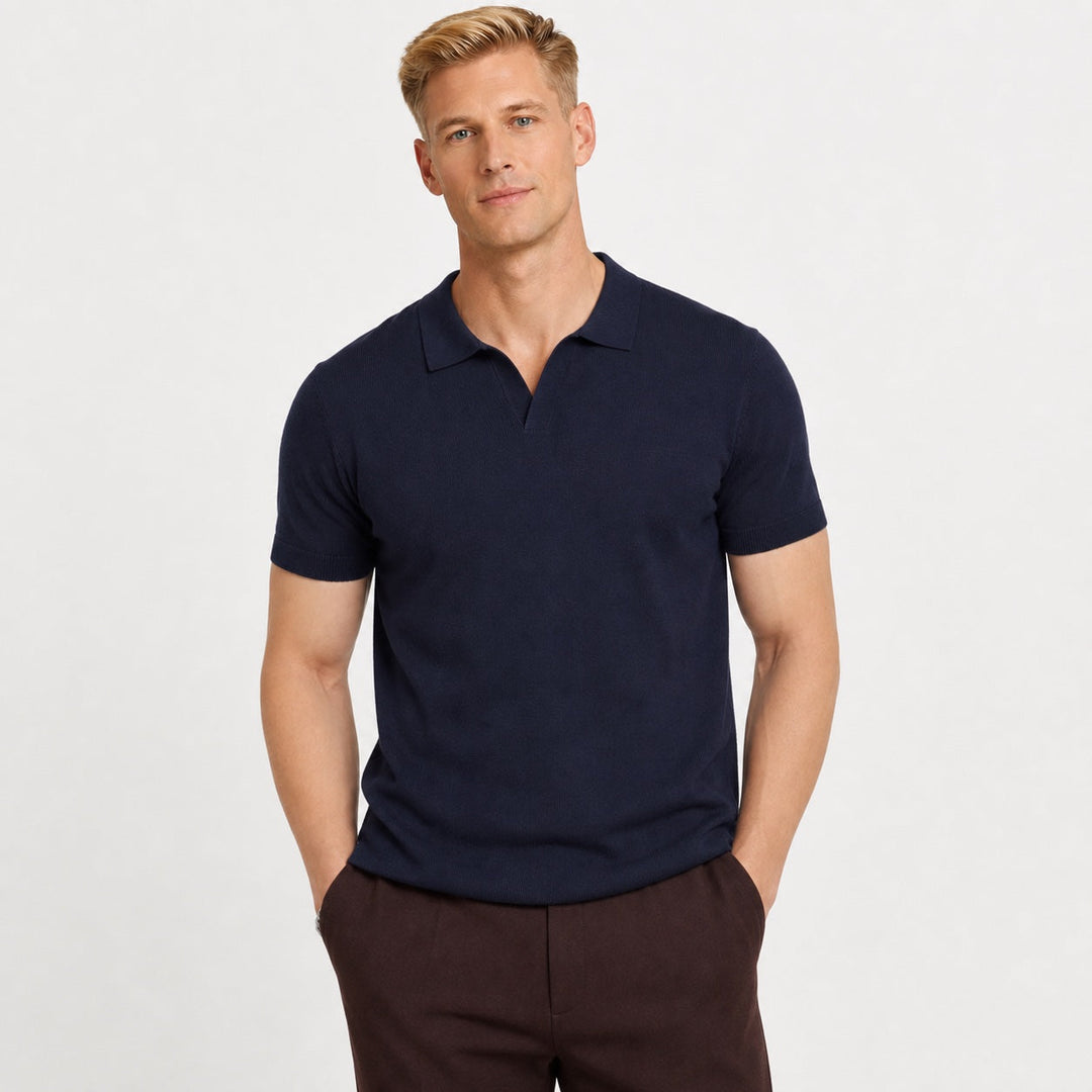 Stylish short sleeve men's polo shirt with an open collar, suitable for work or leisure.