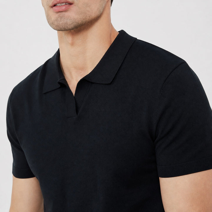 Contemporary men's open collar polo, a comfortable regular fit top for all seasons.