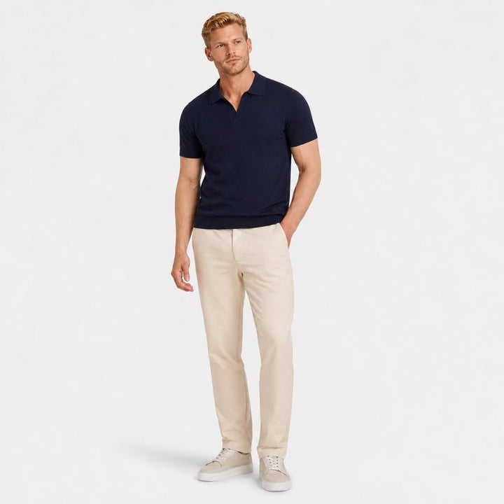 Smart casual men's polo shirt with an open collar, perfect for versatile styling.