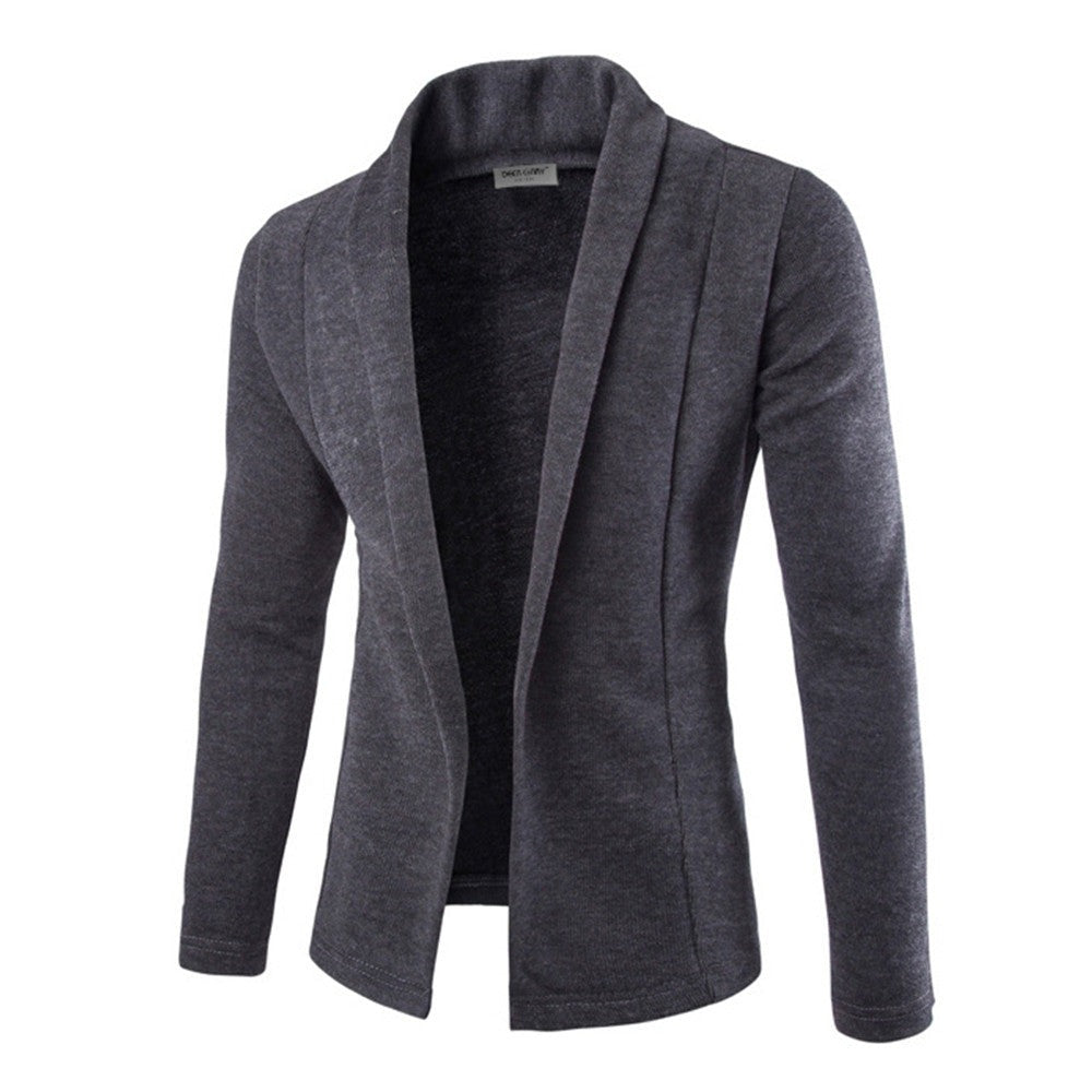 Men's stylish open front shawl collar cardigan. Versatile long sleeve layering piece for casual fall & winter fashion.