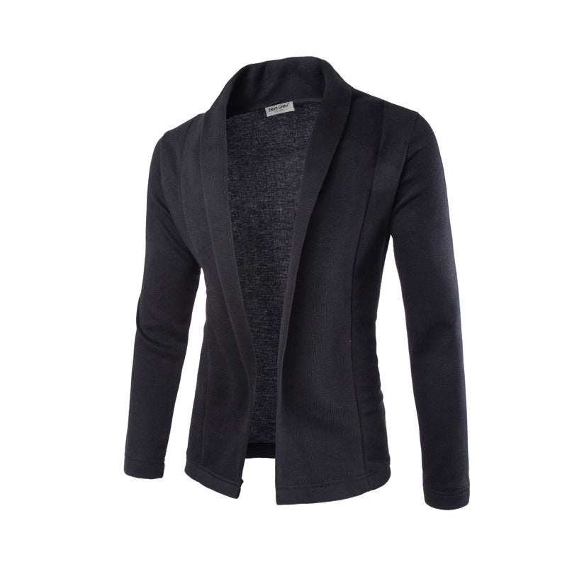 Stylish men's open front shawl collar cardigan, ideal for fall/winter layering. Casual men's fashion outerwear.