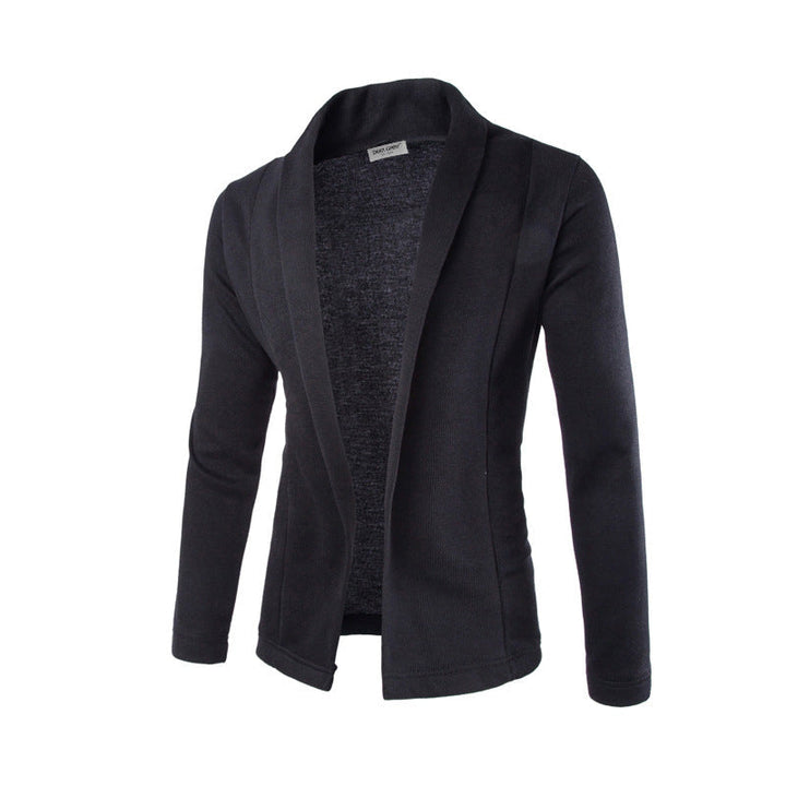 Stylish men's open front shawl collar cardigan, ideal for fall/winter layering. Casual men's fashion outerwear.