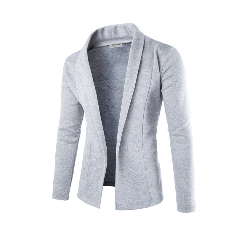 Versatile men's open front shawl collar cardigan. A stylish long sleeve layering piece for modern casual wear.