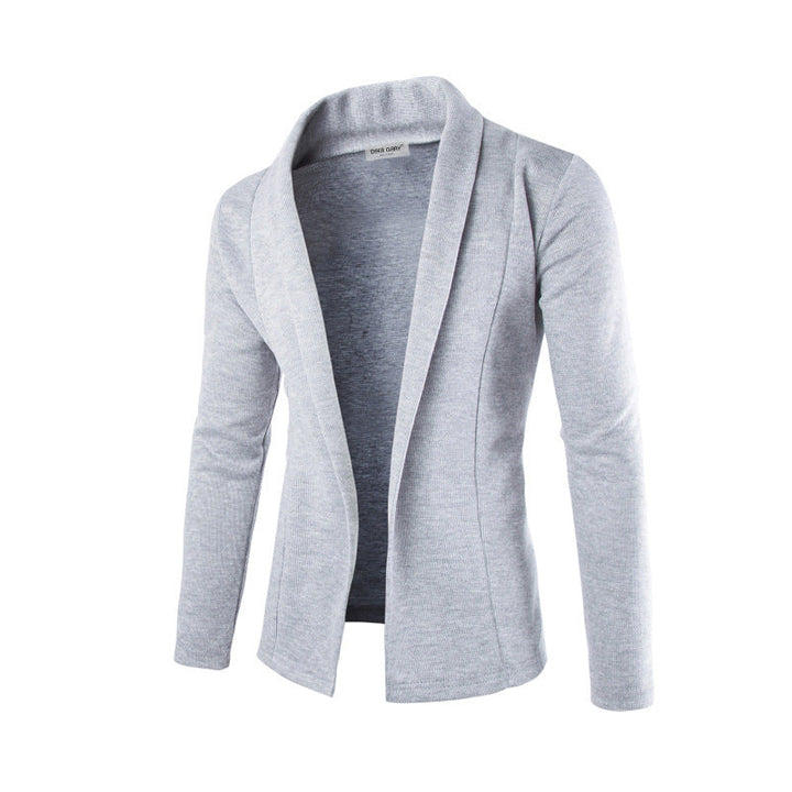 Versatile men's open front shawl collar cardigan. A stylish long sleeve layering piece for modern casual wear.