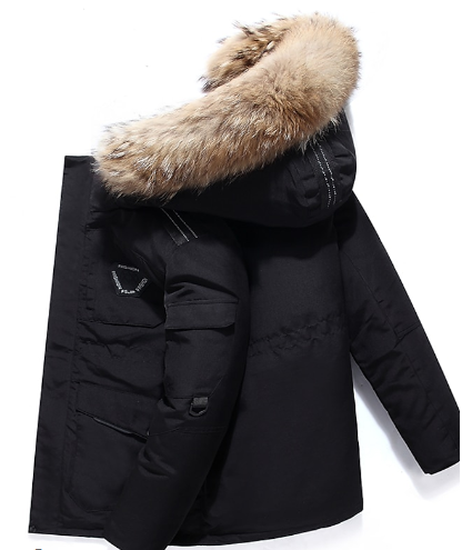 Warm men's hooded winter parka jacket for extreme cold. Durable, casual outerwear, padded for warmth.