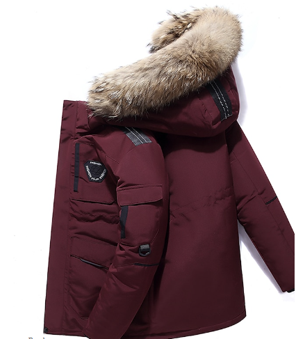 Cozy men's hooded winter parka jacket. Versatile cold weather outerwear with warm padding for outdoor style.