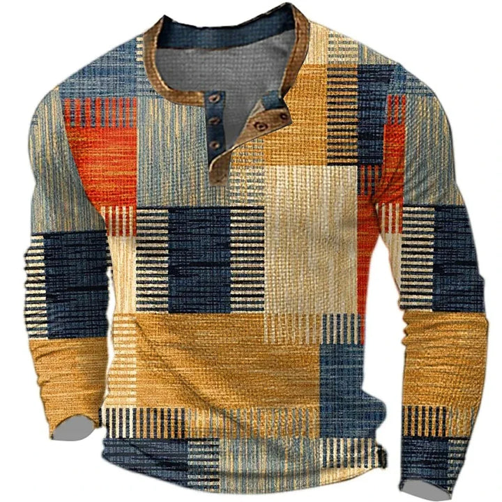 Men's stylish patchwork long sleeve casual shirt with button-down front, perfect for everyday wear & fall fashion.