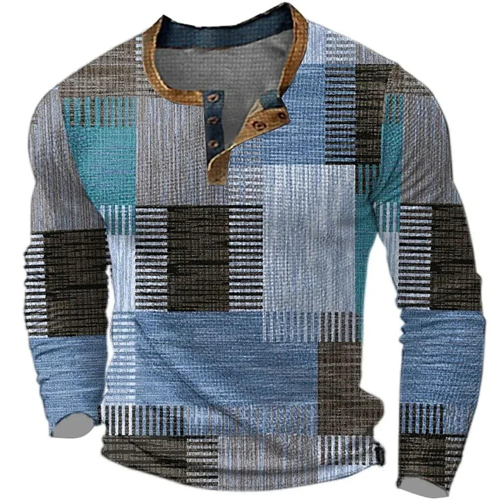 Comfortable men's patchwork long sleeve shirt, versatile for casual wear. Features stylish prints & button closure.
