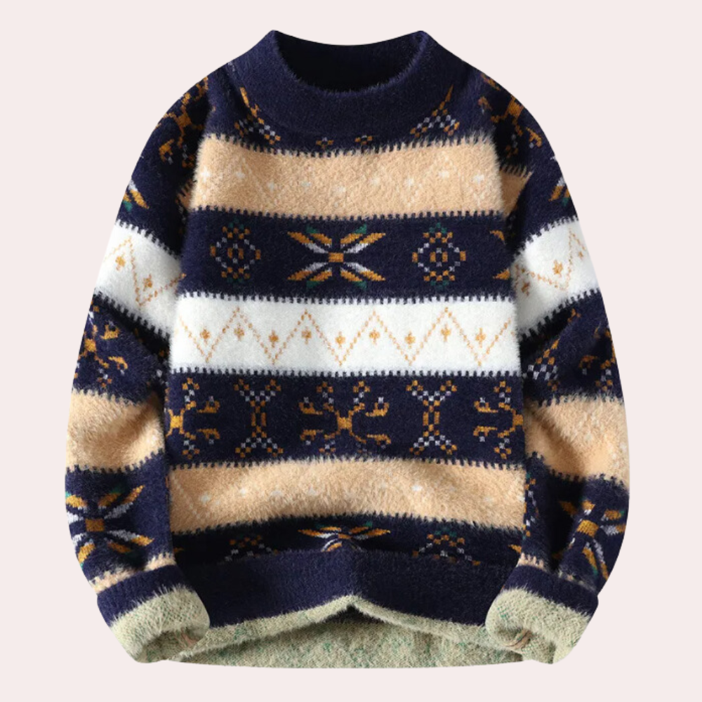 Men's stylish patterned crew neck sweater in a comfortable knit, perfect for casual fall & winter outfits.