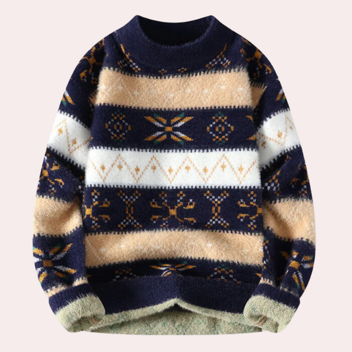 Men's stylish patterned crew neck sweater in a comfortable knit, perfect for casual fall & winter outfits.
