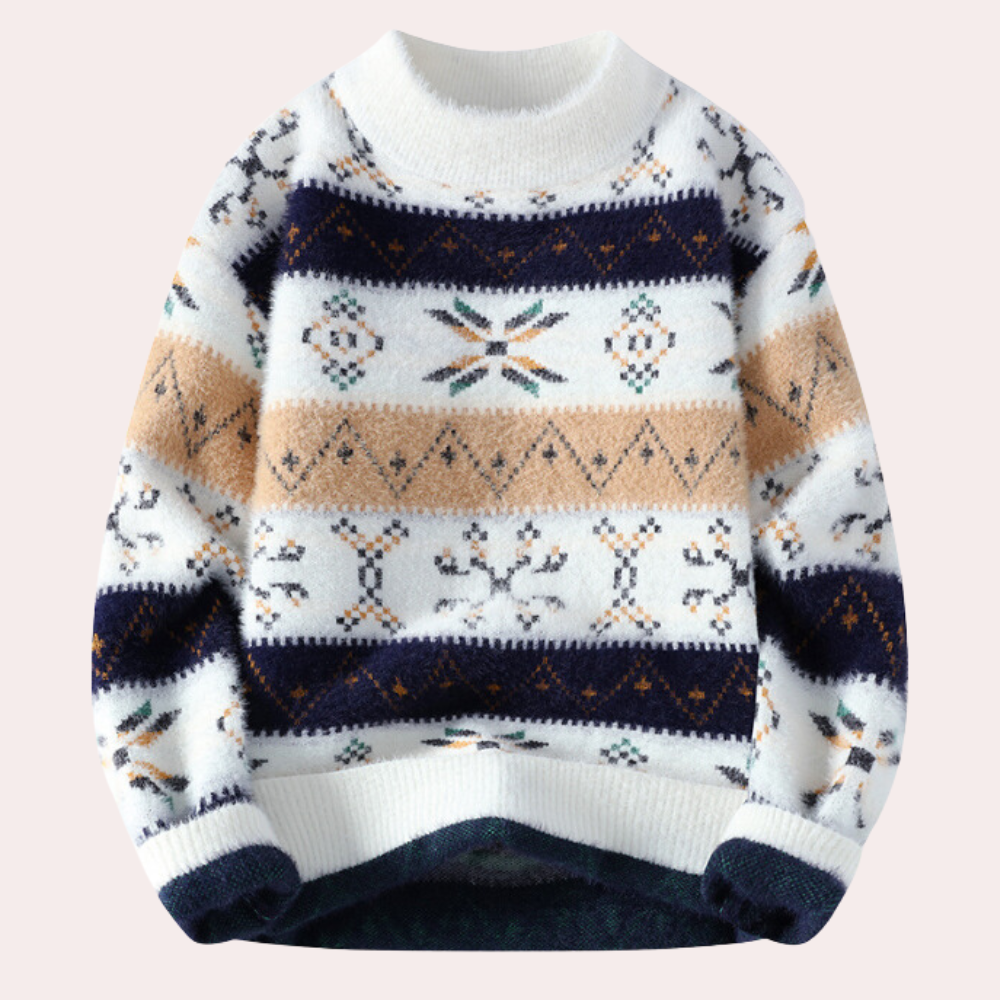 Vintage style men's long sleeve patterned crew neck sweater with ribbed cuffs, ideal for cozy everyday wear.