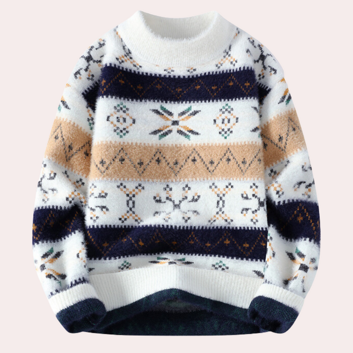 Vintage style men's long sleeve patterned crew neck sweater with ribbed cuffs, ideal for cozy everyday wear.