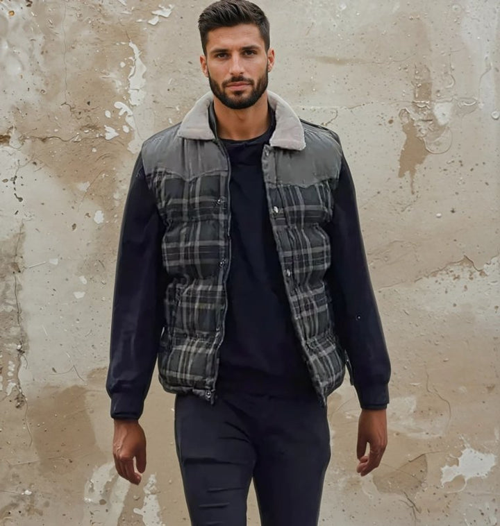Warm men's plaid puffer vest with soft sherpa collar. Casual sleeveless jacket for fall & winter layering.