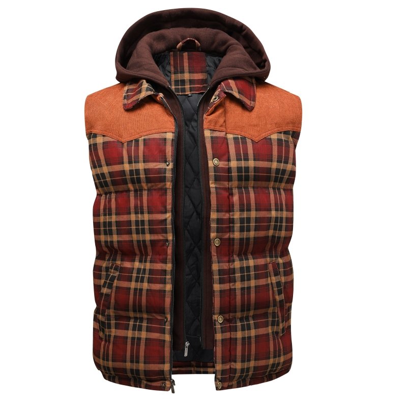 Men's outerwear: a warm plaid puffer vest with a stylish sherpa collar. Great for layering in fall & winter.