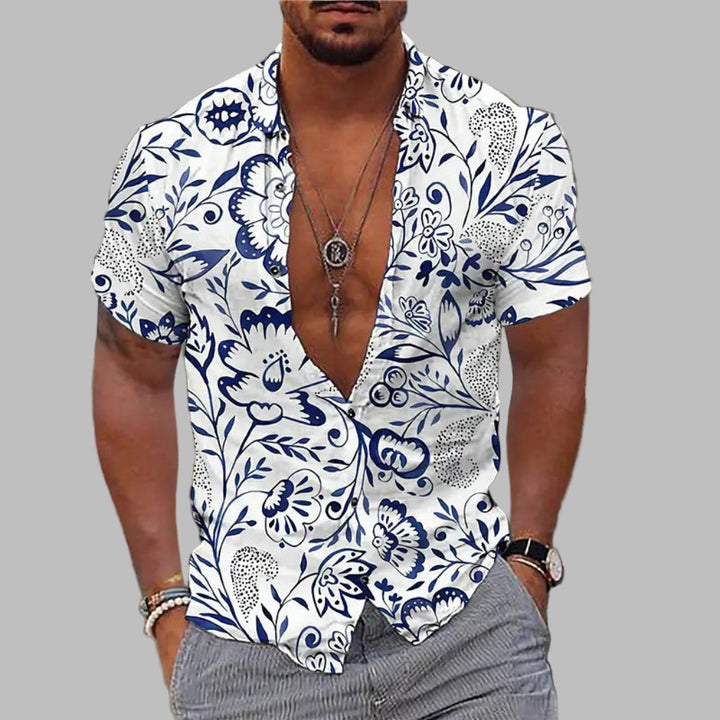 Men's stylish print summer shirt, short sleeve, perfect for casual beach wear or vacation outfits.