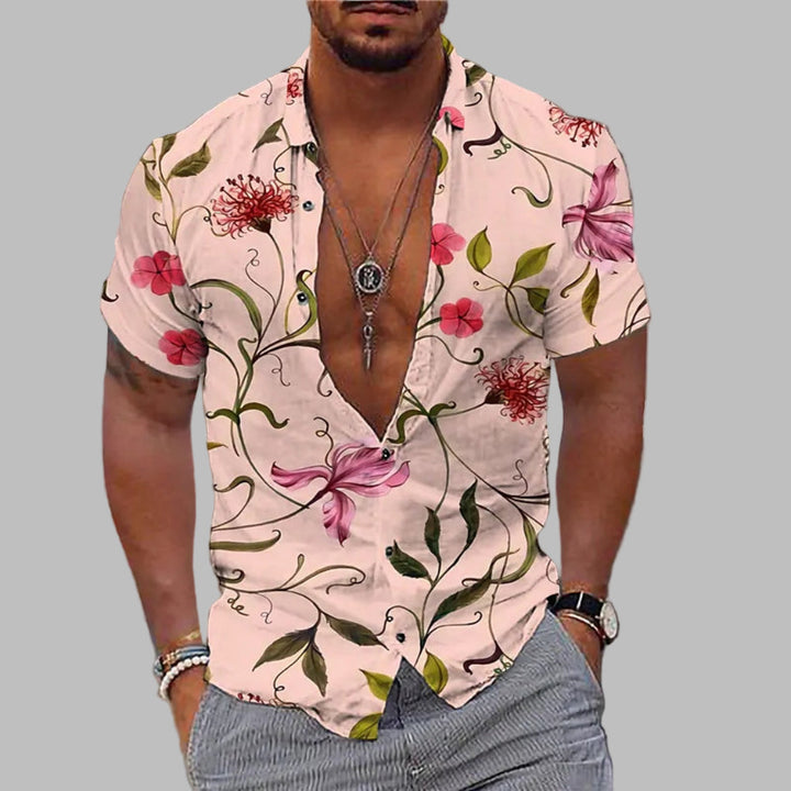 Trendy men's print summer shirt, short sleeve, stylish design for casual outings & beach fashion.