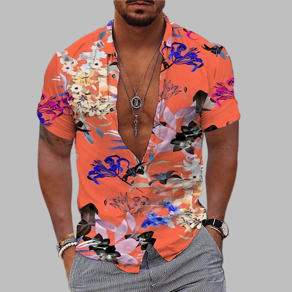 Fashionable men's summer print shirt, short sleeve, ideal for beach, casual events, or vacation.