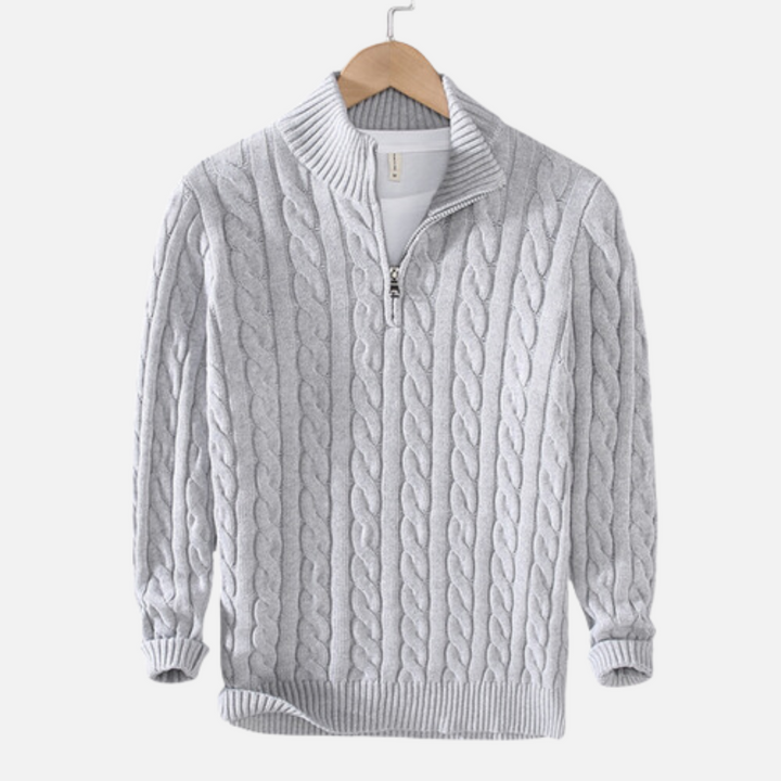 Men's stylish quarter zip cable knit sweater. Comfortable long sleeve pullover for casual & smart casual wear.
