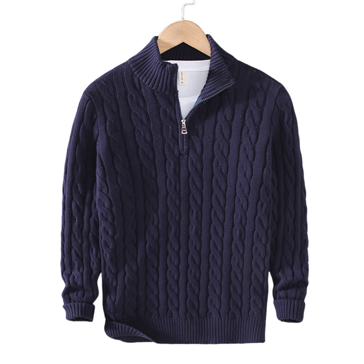 Stylish men's cable knit quarter zip pullover. Perfect long sleeve knitwear for layering and smart casual fashion.