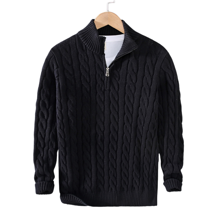 Comfortable men's quarter zip cable knit sweater. Detail shot showing knit texture and smart casual style.