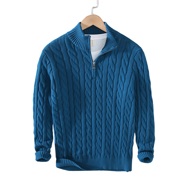Men's fashion: long sleeve cable knit quarter zip sweater. A versatile and stylish pullover for various occasions.