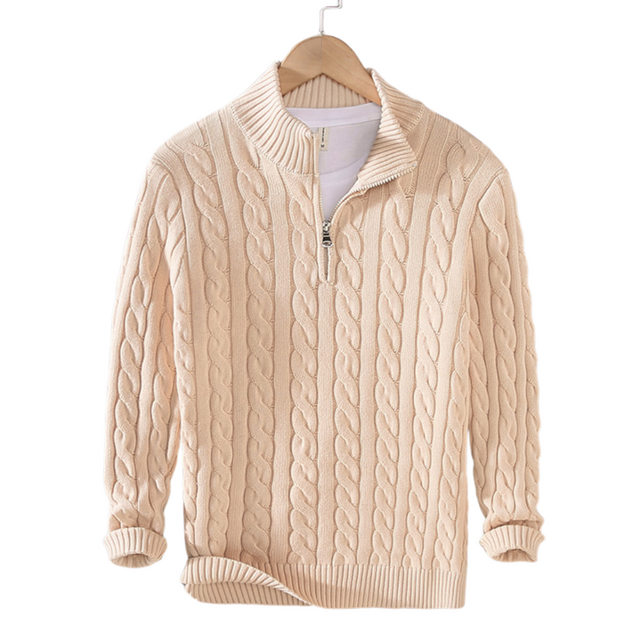 Premium men's cable knit quarter zip sweater. High-quality knitwear offering a stylish & comfortable layering option.