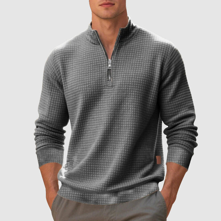 Men's stylish quarter-zip jumper, refined comfort, stand collar pullover. Ideal men's casual wear sweater.