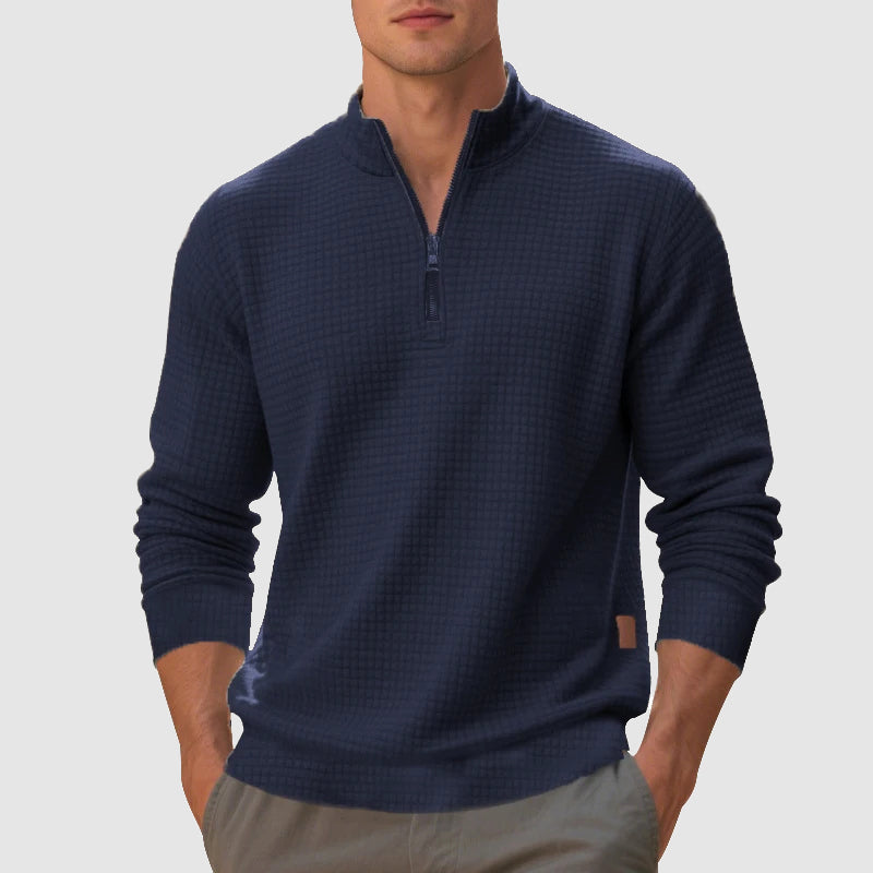Autumn/winter men's quarter-zip jumper. Stylish pullover sweater for cozy, casual fashion and layering.