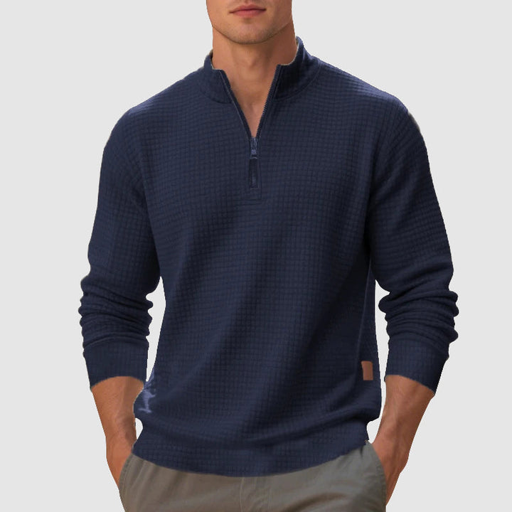 Autumn/winter men's quarter-zip jumper. Stylish pullover sweater for cozy, casual fashion and layering.