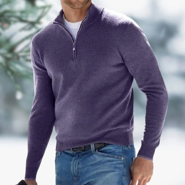 Elegant men's quarter-zip knit sweater, long sleeve pullover for sophisticated layering & comfort.