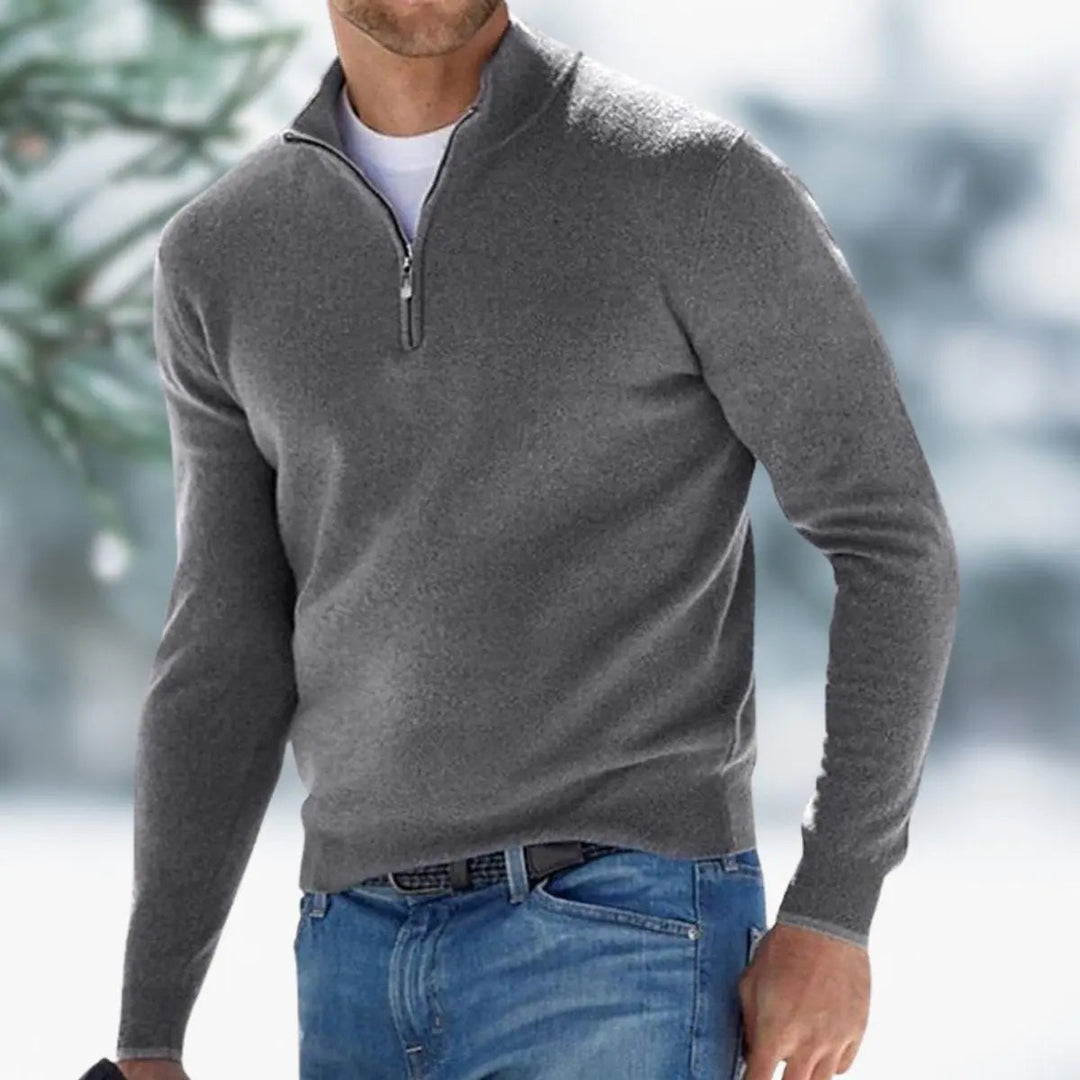Comfortable men's knit quarter-zip sweater, long sleeve pullover ideal for fall and winter layering.