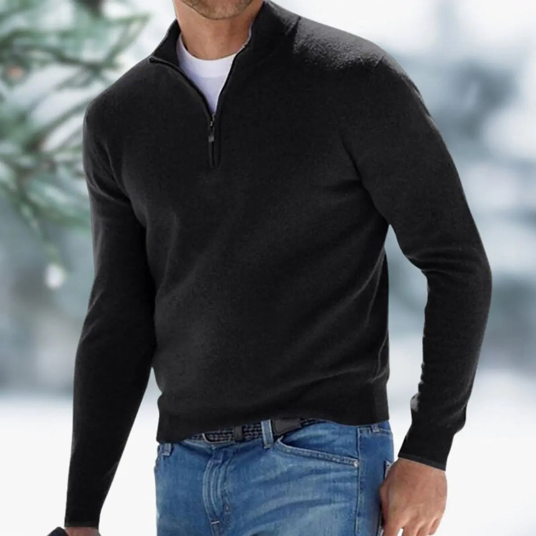 Warm men's quarter-zip knit jumper, ideal long sleeve pullover for winter and fall style.