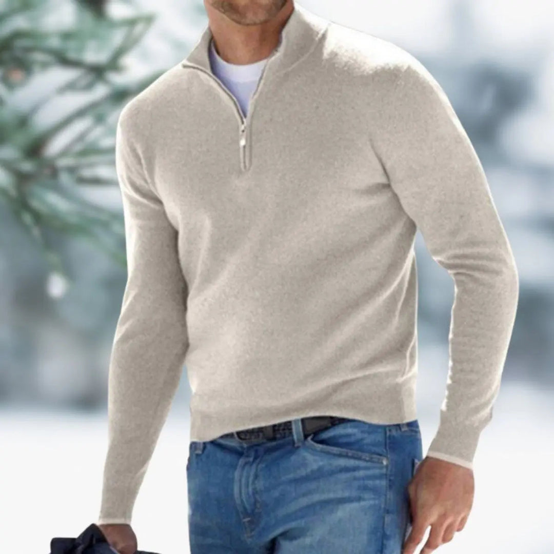 Modern men's quarter-zip sweater, knit long sleeve pullover for stylish smart casual & layering fashion.