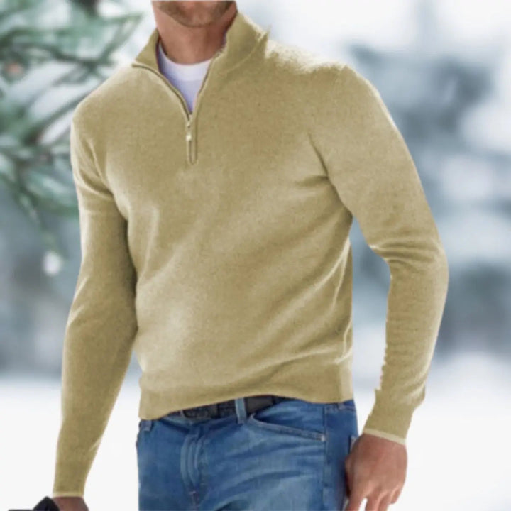 Men's fashionable quarter-zip knit sweater, long sleeve pullover perfect for fall & winter style.