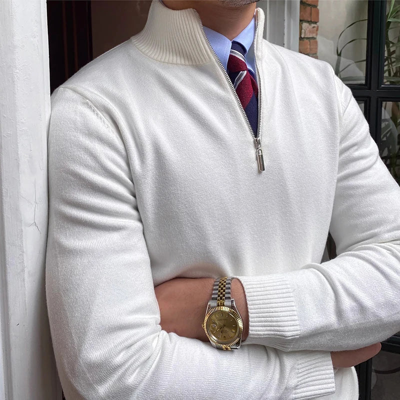 Warm men's quarter zip mock neck pullover. Essential winter wear for a comfortable, stylish layered look.