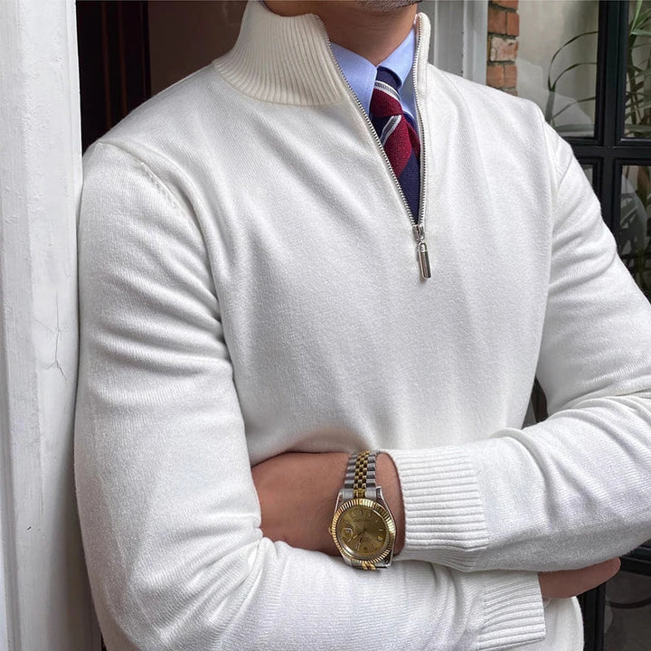 Warm men's quarter zip mock neck pullover. Essential winter wear for a comfortable, stylish layered look.