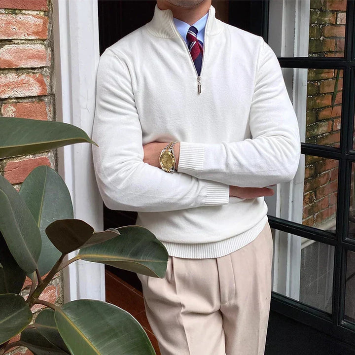 Modern men's quarter zip mock neck sweater. Elevate your fall fashion with this stylish casual pullover.