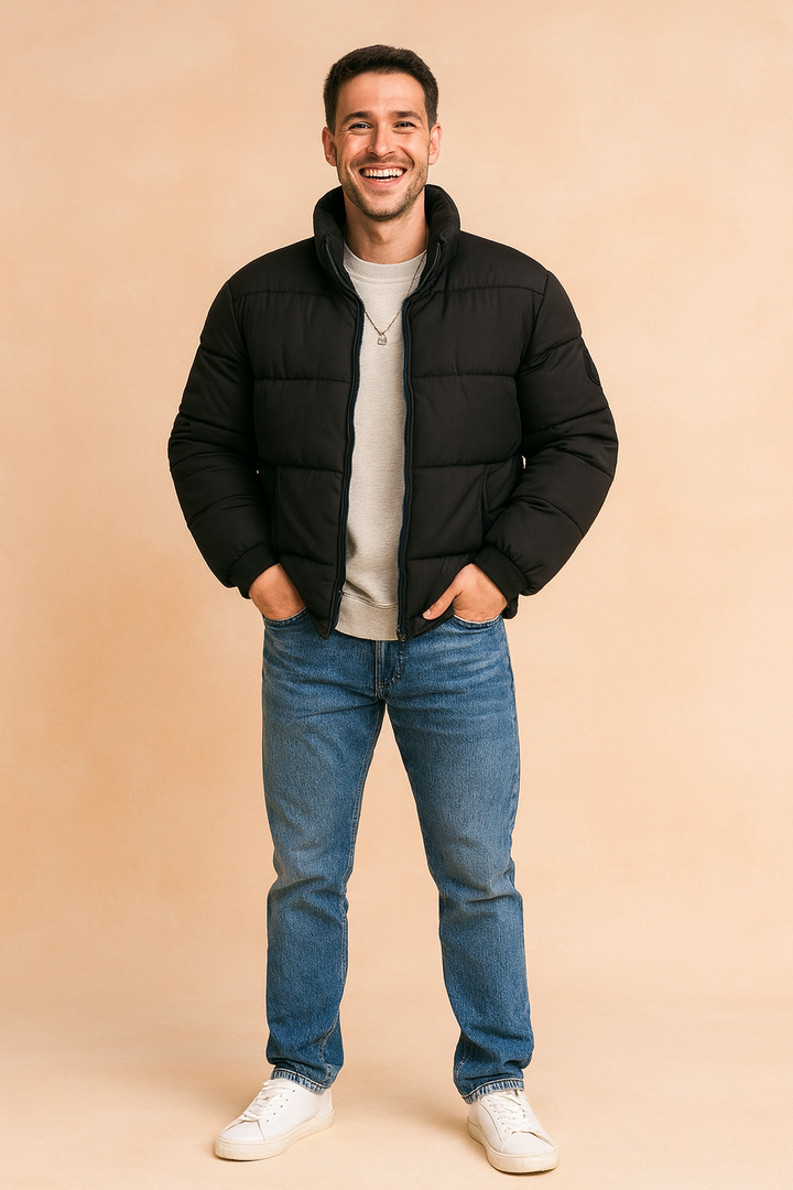 Close-up of men's winter down jacket, showcasing quality insulation and urban style.