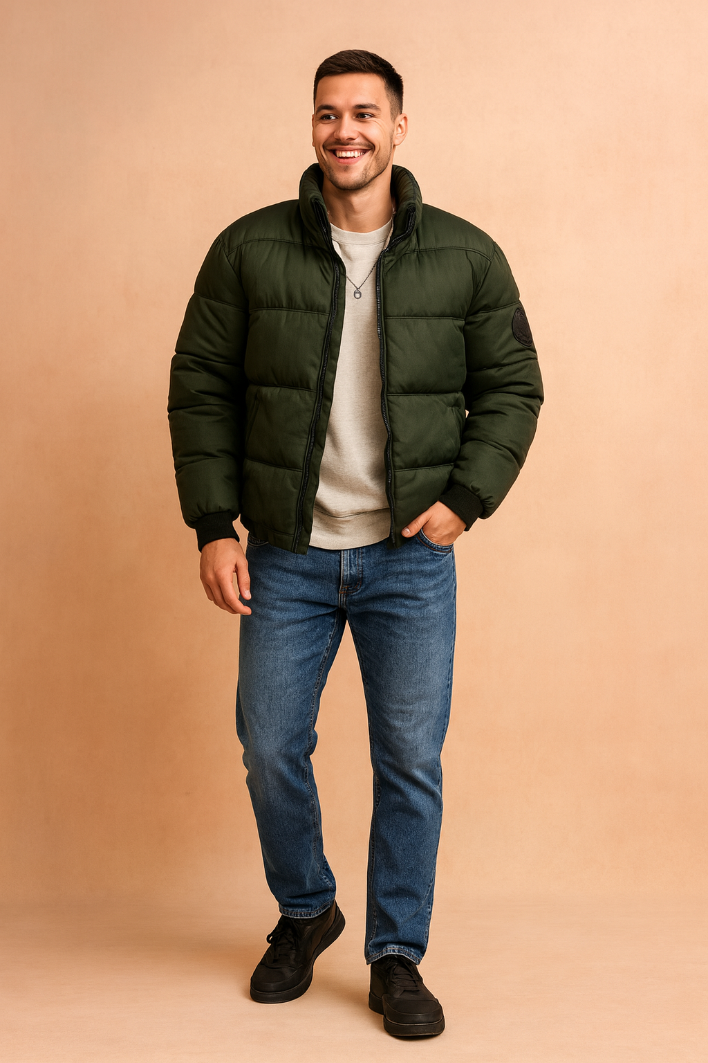 Model wearing a fashionable men's insulated down jacket, perfect for outdoor city wear.