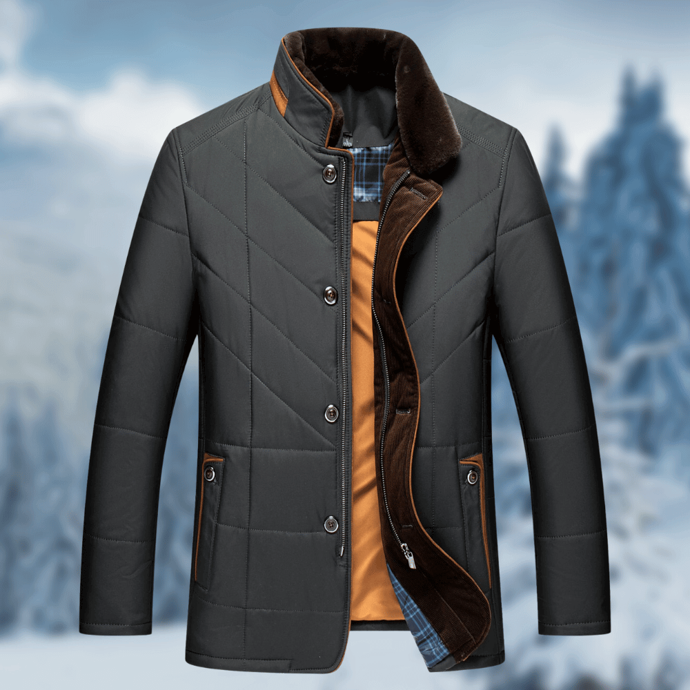 Casual men's quilted puffer jacket featuring a plush faux fur collar and practical button-front closure.