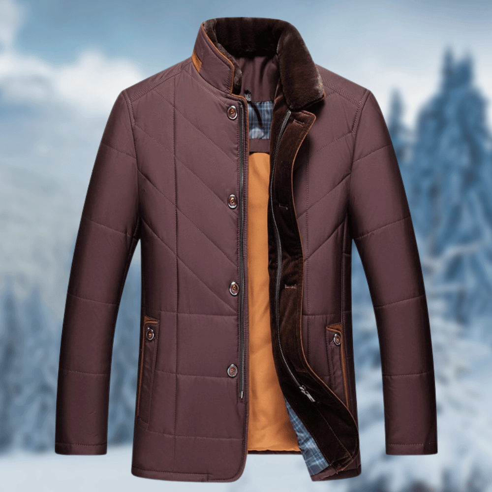 Warm men's winter outerwear: stylish quilted puffer jacket with cozy faux fur collar & button front.