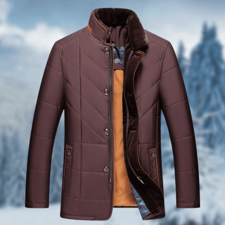 Warm men's winter outerwear: stylish quilted puffer jacket with cozy faux fur collar & button front.