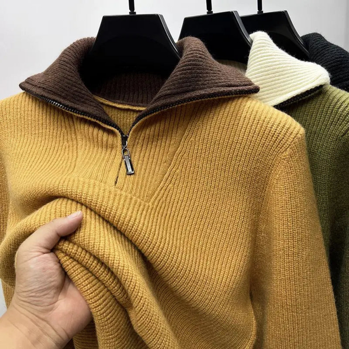 Men's stylish ribbed knit quarter-zip sweater in a versatile color block design, perfect for casual wear & layering.