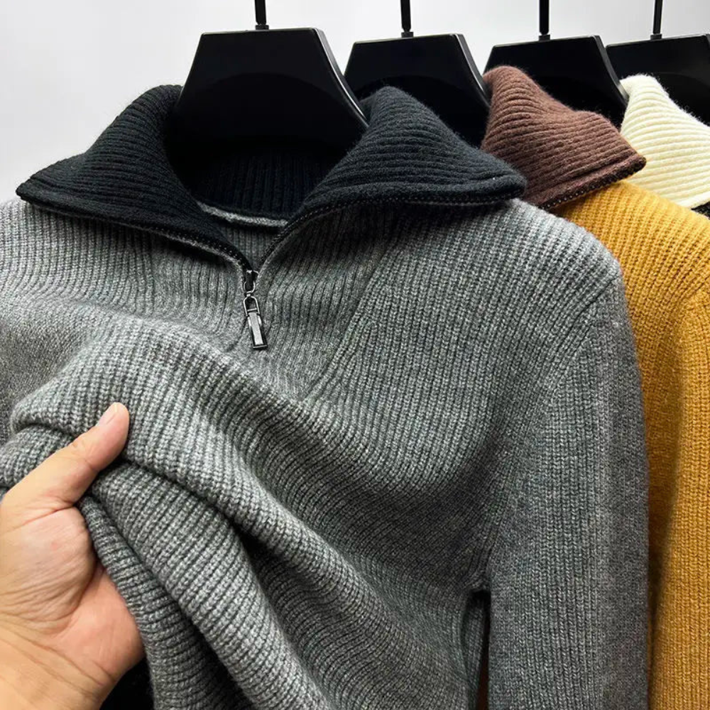 Comfortable men's long sleeve ribbed quarter-zip pullover sweater, a modern and stylish top for daily wear.