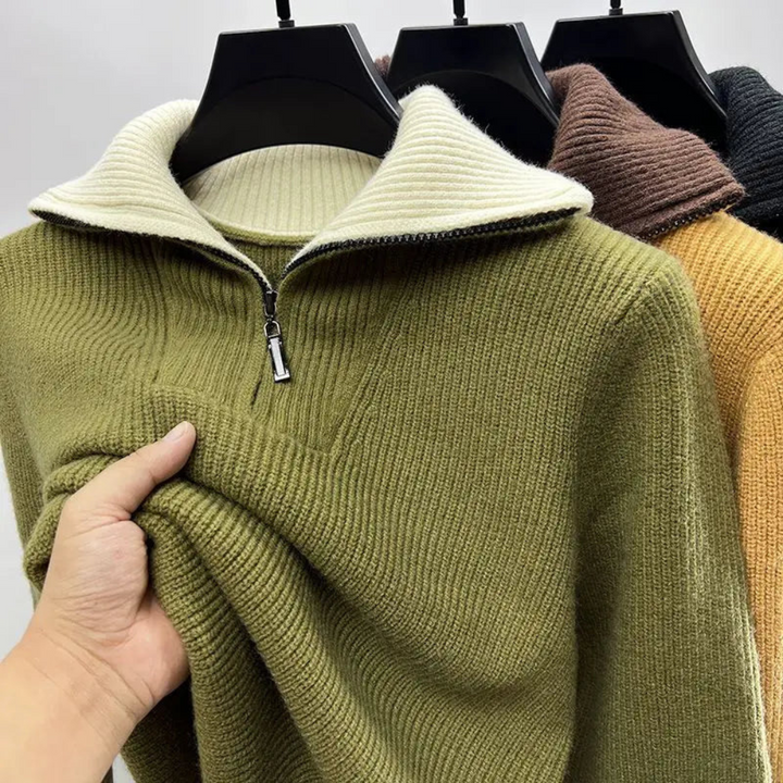Stylish men's quarter-zip sweater with ribbed knit texture, a versatile layering piece for a modern casual look.