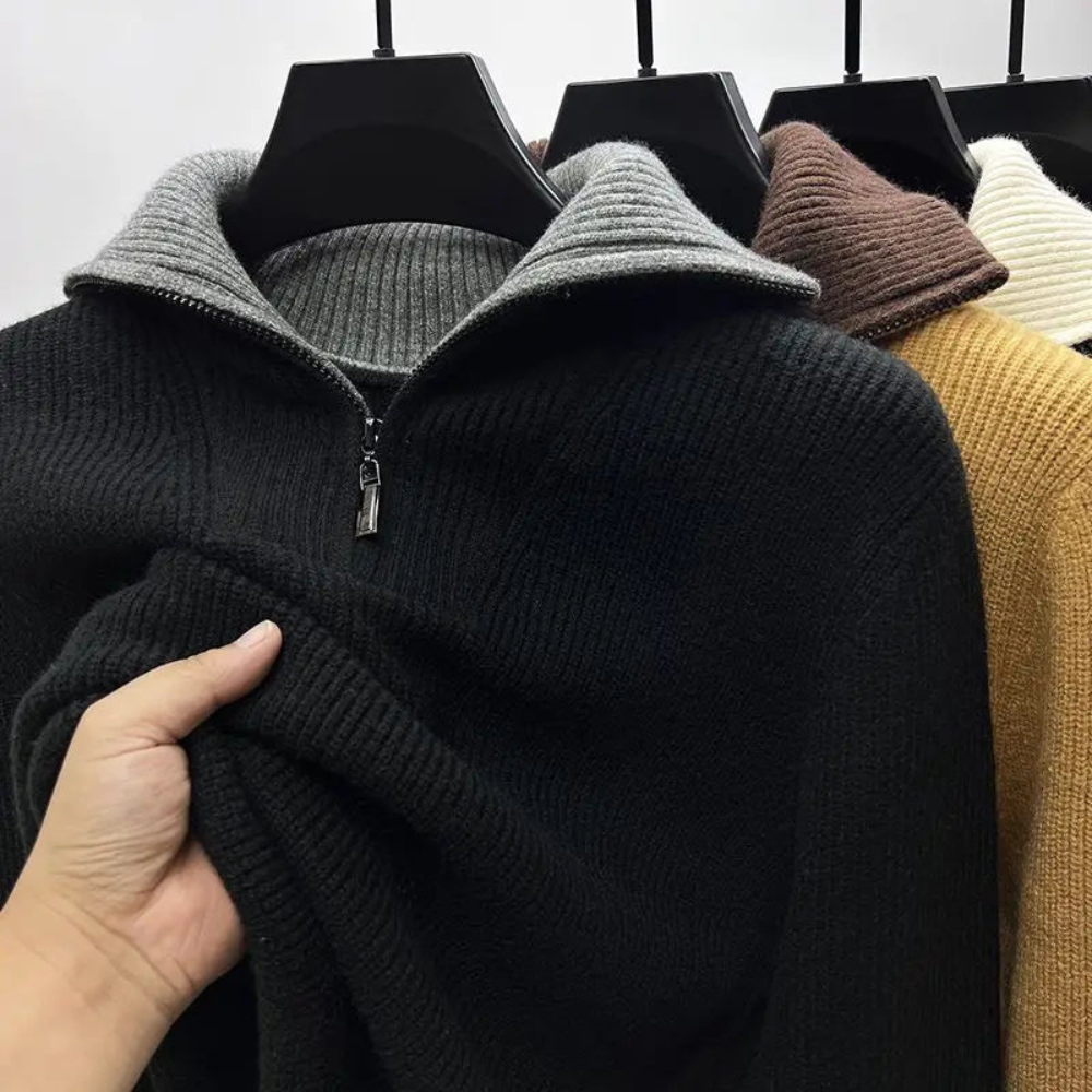 Modern men's ribbed knit pullover sweater with a quarter-zip, a comfortable & stylish long-sleeve top for men.