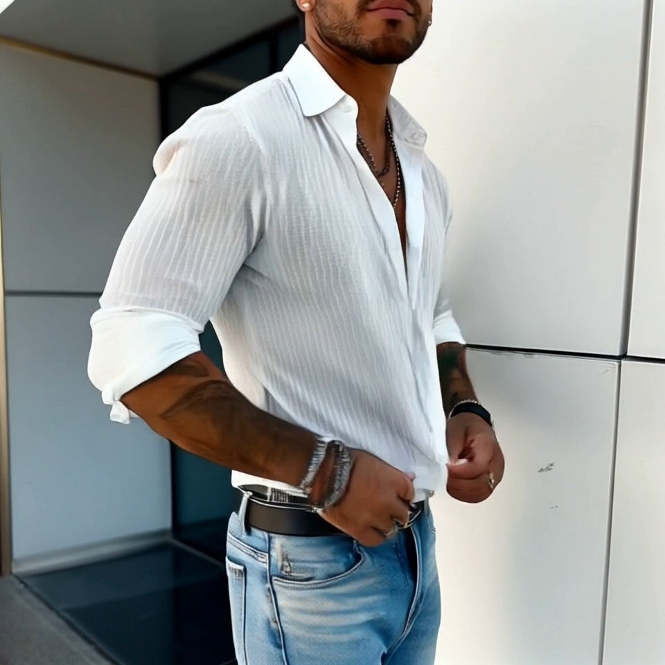 Stylish outfit featuring a men's ribbed long sleeve button-front shirt