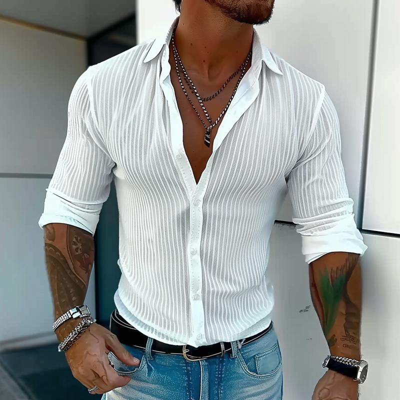 Close-up of the textured ribbed fabric on a men's long sleeve button shirt